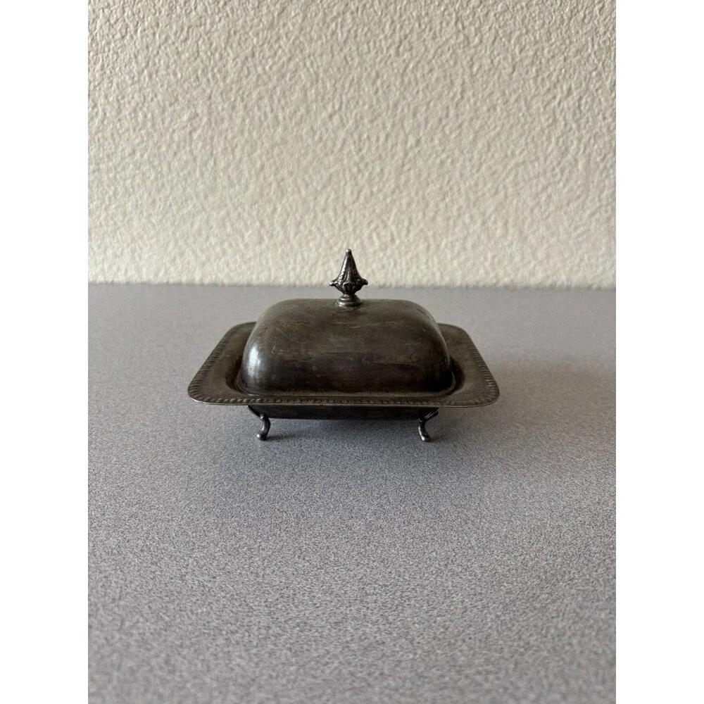 Vintage Silverplate Footed Butter Dish w/ Glass Insert Covered Butter Server 6”